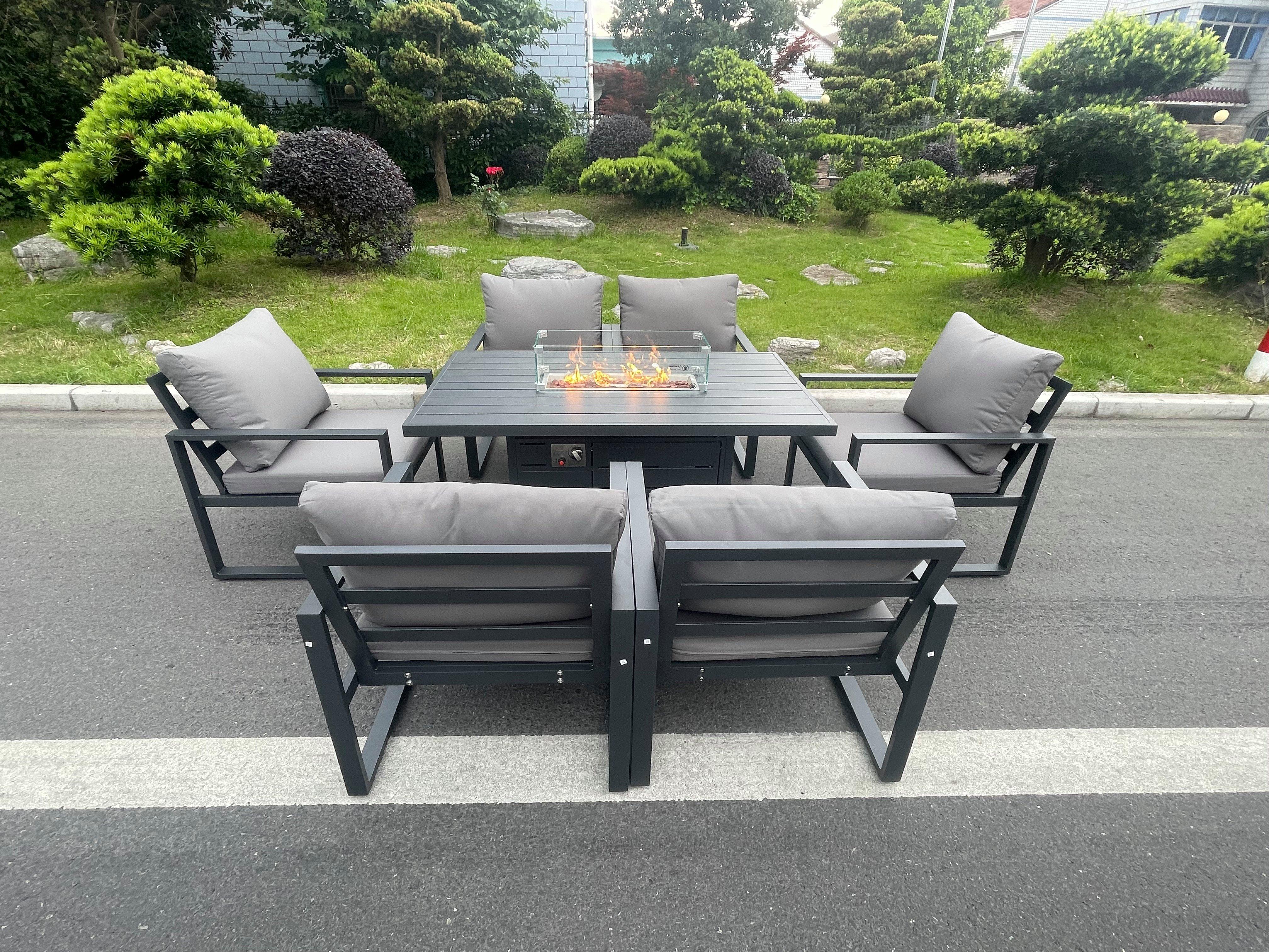 Aluminum Top 6 Seat Garden Furniture Dining Set Gas Fire Pit Table And Chairs Burner Heater Patio Ou
